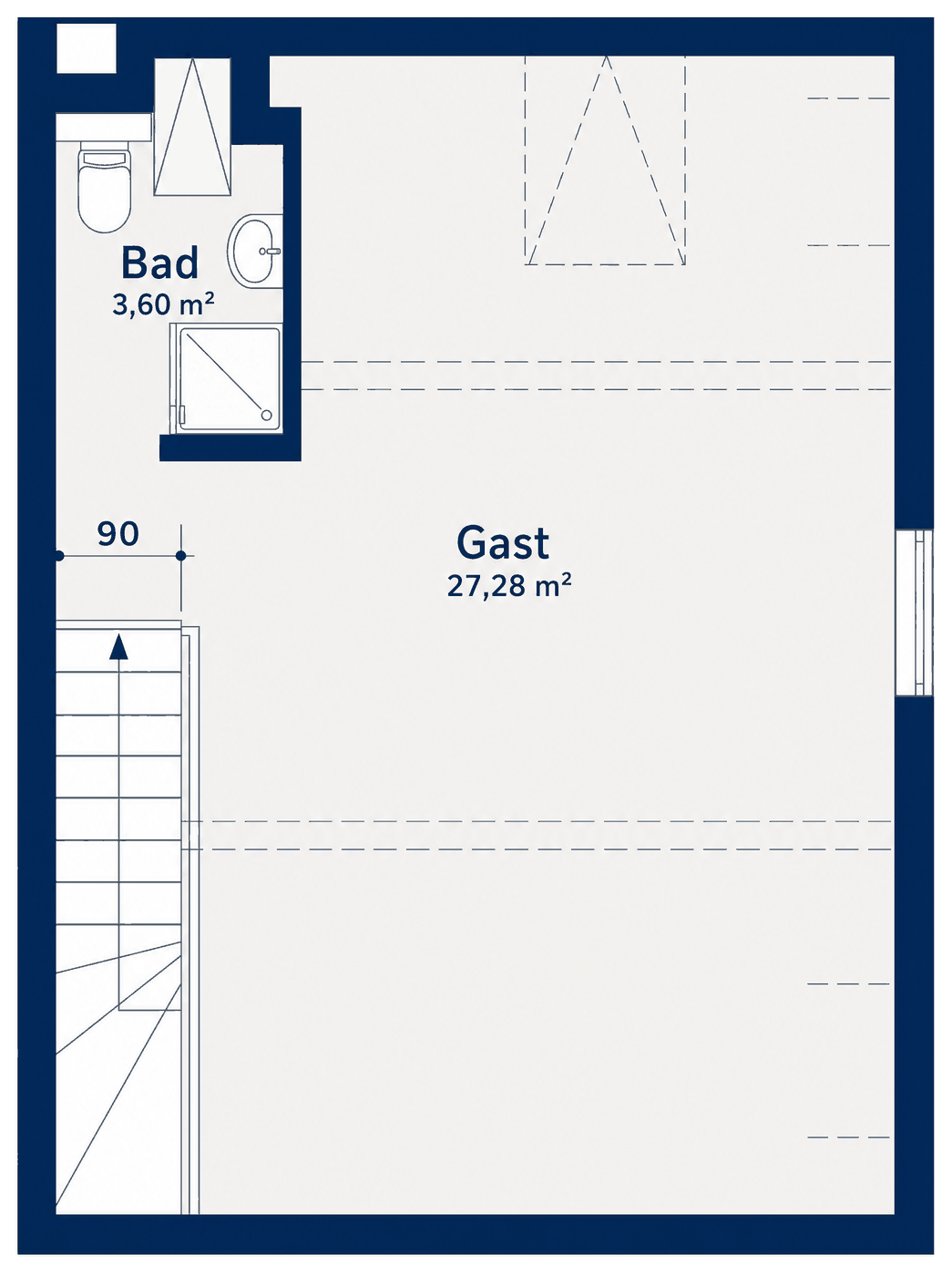 Grundriss des Dachgeschosses mit Gastraum und Bad