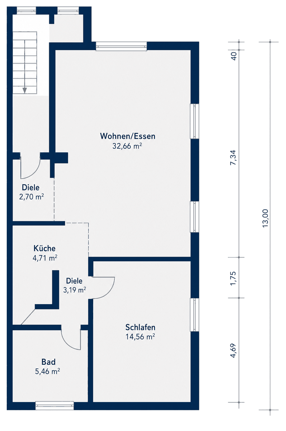 Grundriss der unteren Wohnebene mit Wohnen und Essen, K&uuml;che, Schlafzimmer und Bad